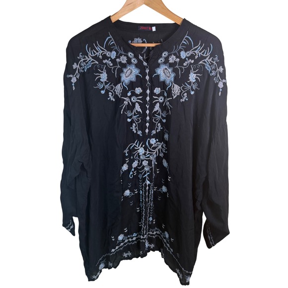 Johnny Was Tops - Johnny Was Embroidered Tunic Women XXL Black Floral Boho Peasant Whimsical Flowy